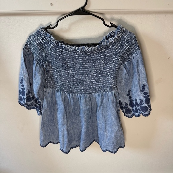 Tops - Michael Stars Denim Off Shoulder Rouched Top Embroidered Detail